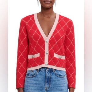 MAJE red embellished quilt-like cardigan